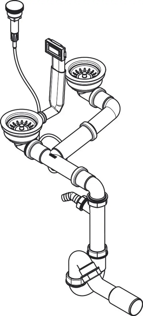 Schema einer Siphon-Installation für ein Doppelbecken mit Verbindungselementen, einschließlich einer automatischen Ablaufsteuerung, hergestellt von Hansgrohe.